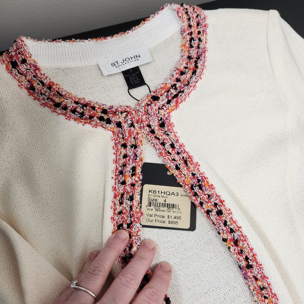 St John Collection White Knit Long Cardigan Jacket Tweed‎ Trim K61HQA3 Womens 4 - Picture 8 of 11